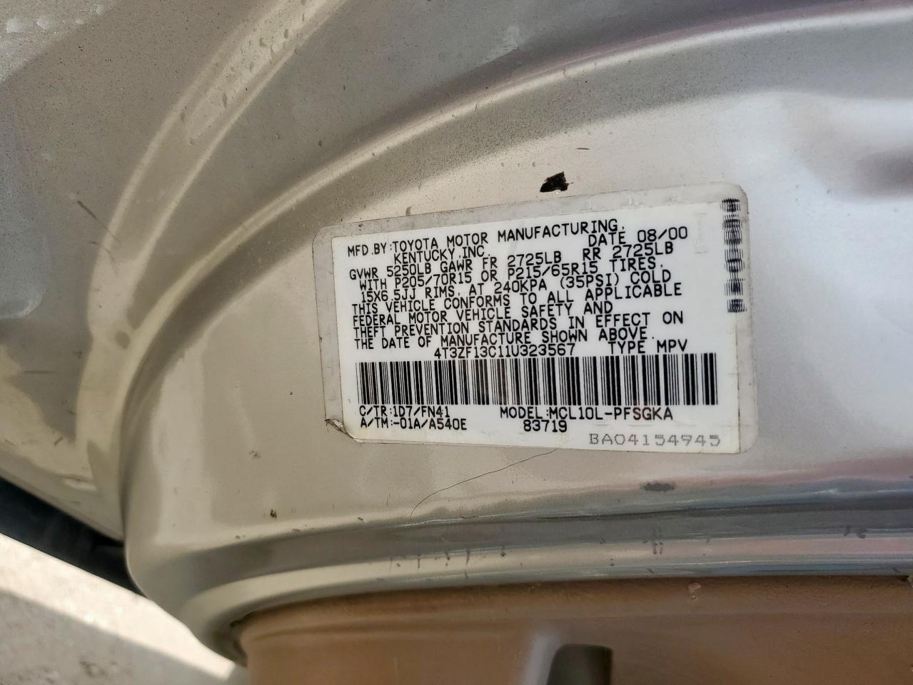 2001 Toyota Sienna Le VIN: 4T3ZF13C11U323567 Lot: 62585565