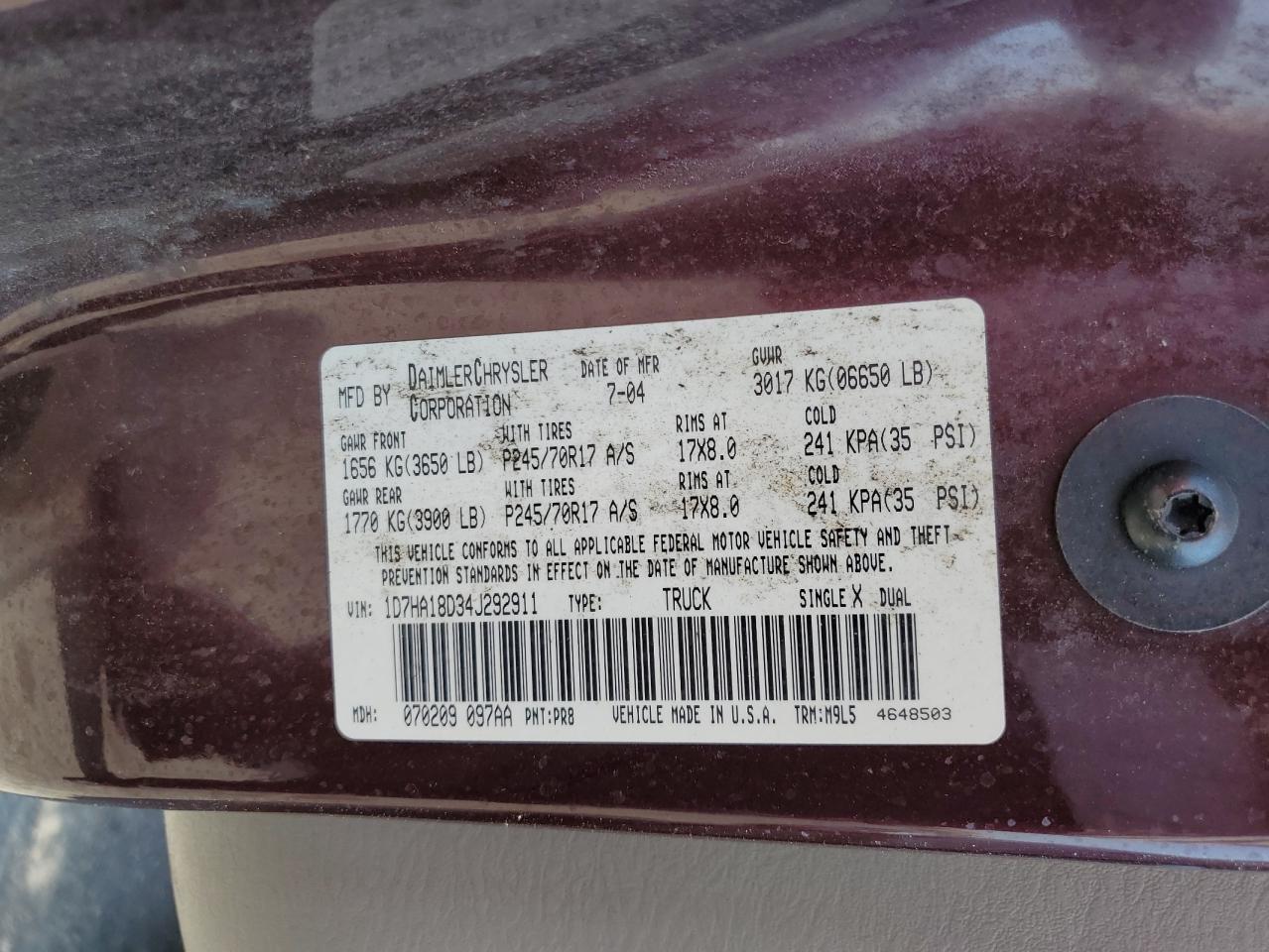 2004 Dodge Ram 1500 St VIN: 1D7HA18D34J292911 Lot: 64752165