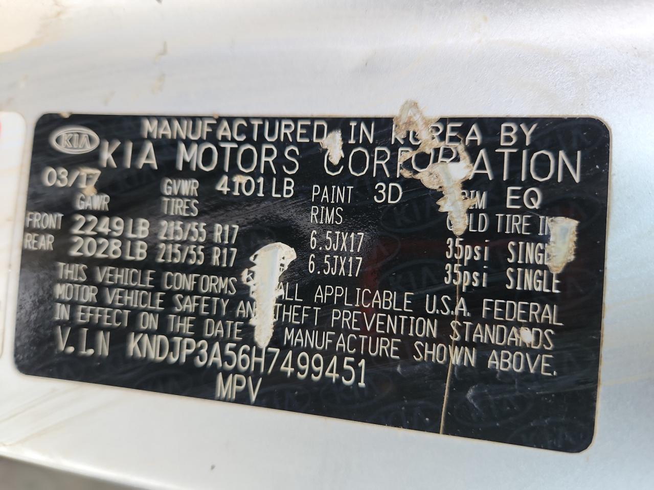 2017 Kia Soul + VIN: KNDJP3A56H7499451 Lot: 64096445