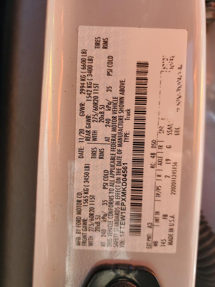 2021 Ford F150 Supercrew VIN: 1FTEW1EPXMKD04561 Lot: 64507905