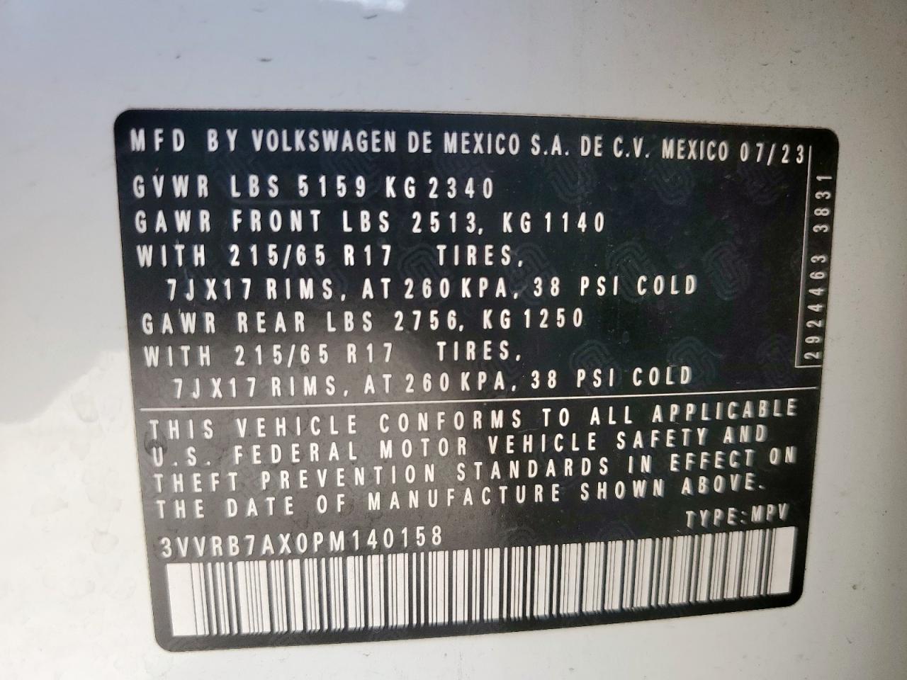 2023 Volkswagen Tiguan S VIN: 3VVRB7AX0PM140158 Lot: 63818435