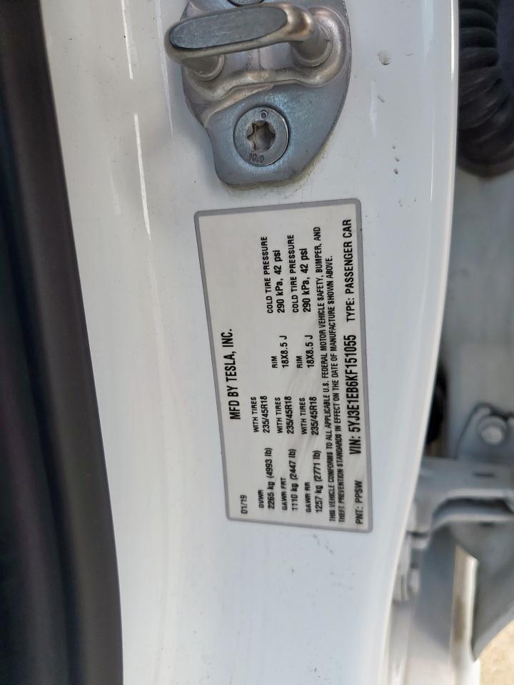 2019 Tesla Model 3 VIN: 5YJ3E1EB6KF151055 Lot: 64637755