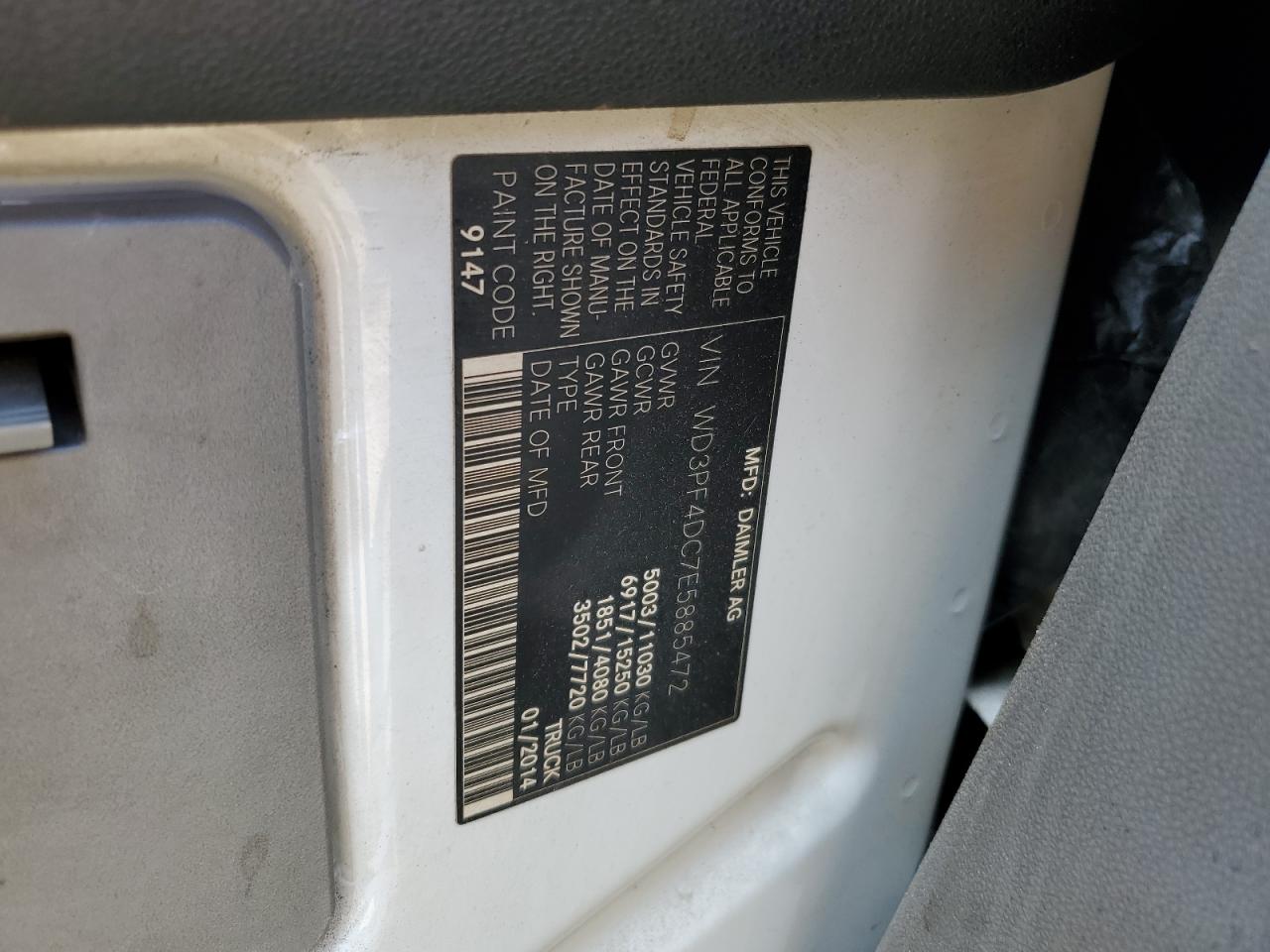2014 Mercedes-Benz Sprinter 3500 VIN: WD3PF4DC7E5885472 Lot: 63040375