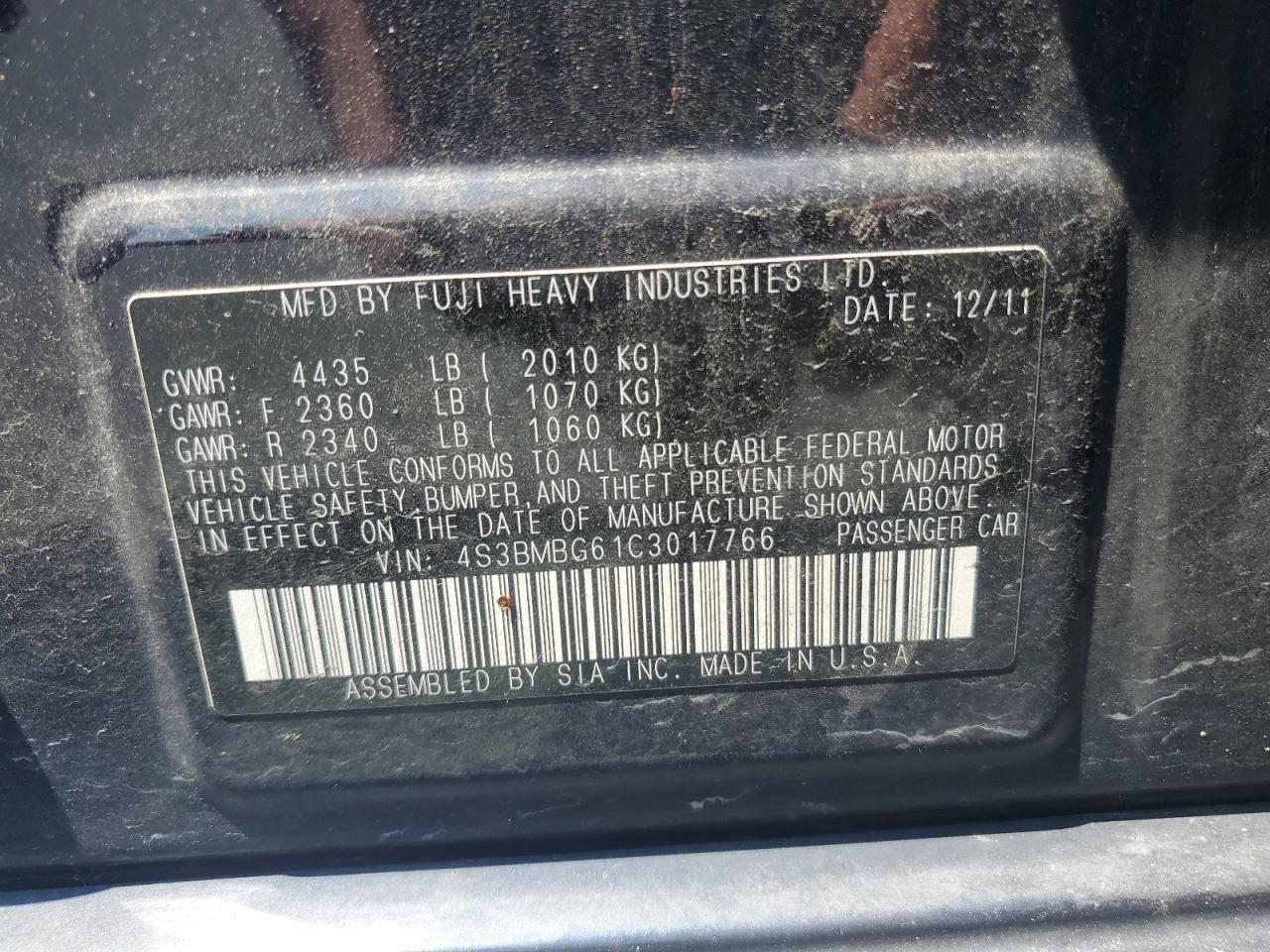2012 Subaru Legacy 2.5I Premium VIN: 4S3BMBG61C3017766 Lot: 63292865