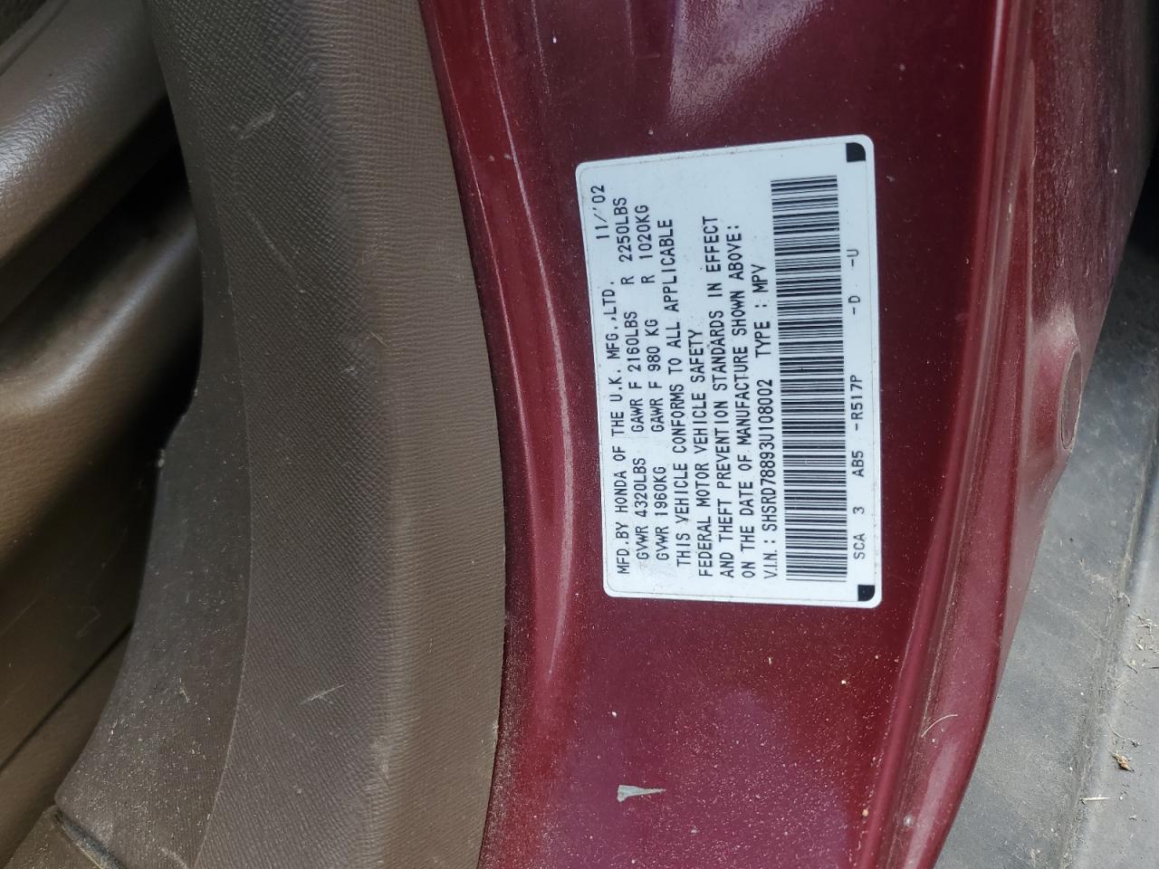 2003 Honda Cr-V Ex VIN: SHSRD78893U108002 Lot: 54098075