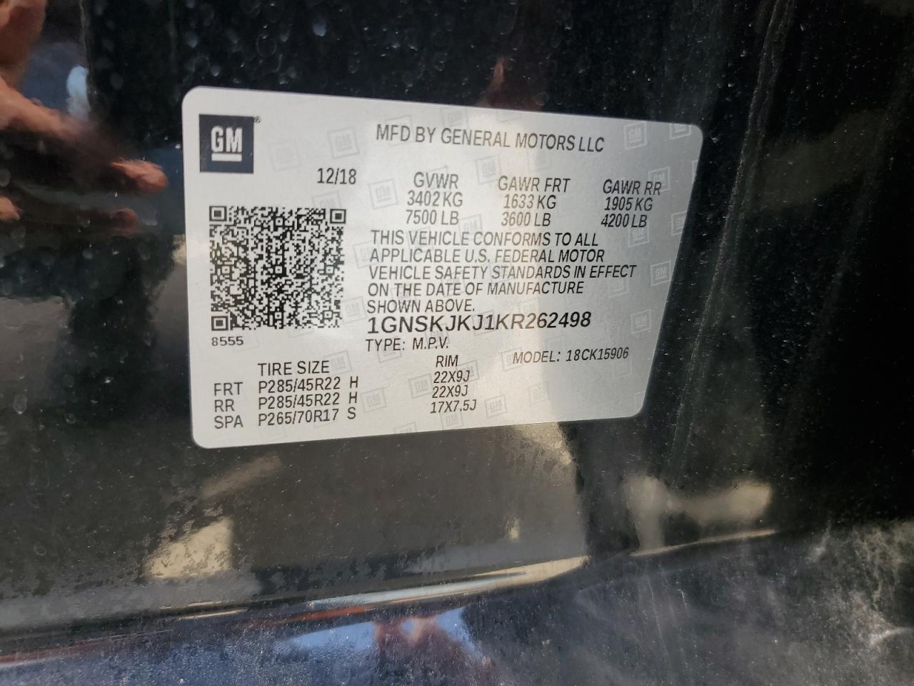 2019 Chevrolet Suburban K1500 Premier VIN: 1GNSKJKJ1KR262498 Lot: 66053145