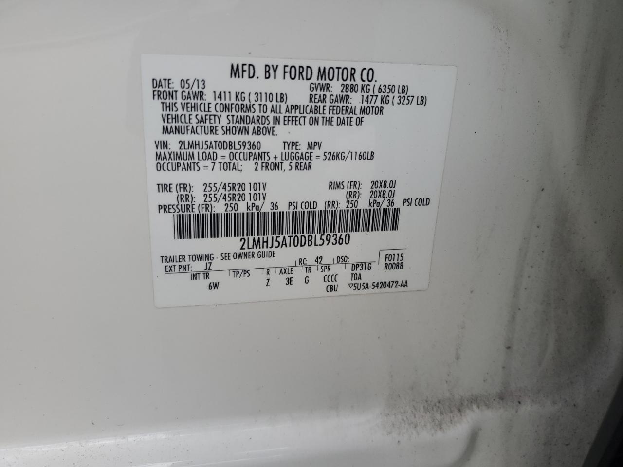 2013 Lincoln Mkt VIN: 2LMHJ5AT0DBL59360 Lot: 63816235