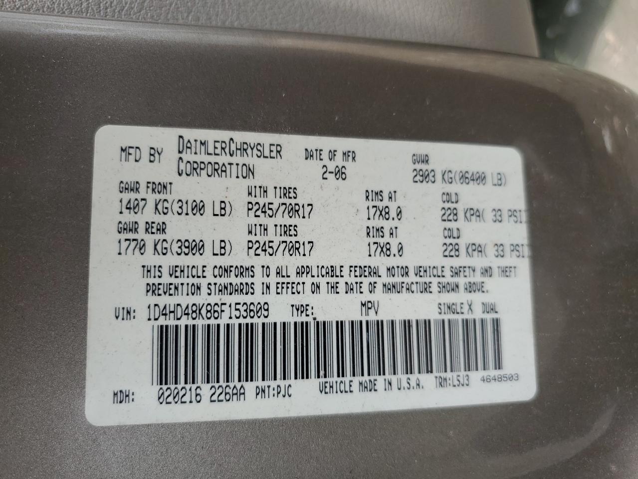 2006 Dodge Durango Slt VIN: 1D4HD48K86F153609 Lot: 63700215