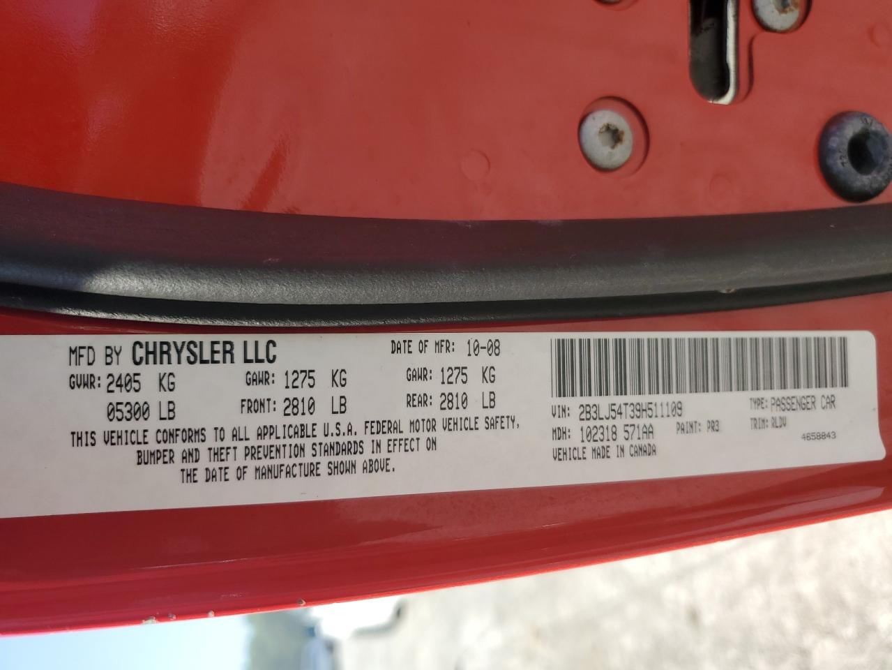 2009 Dodge Challenger R/T VIN: 2B3LJ54T39H511109 Lot: 63568025