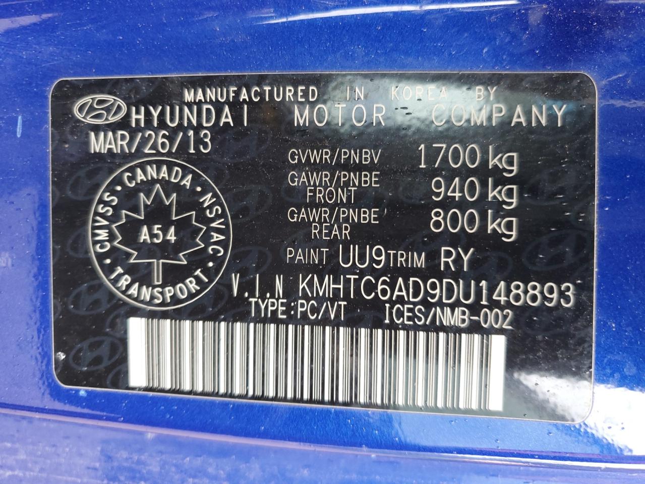 2013 Hyundai Veloster VIN: KMHTC6AD9DU148893 Lot: 64975865