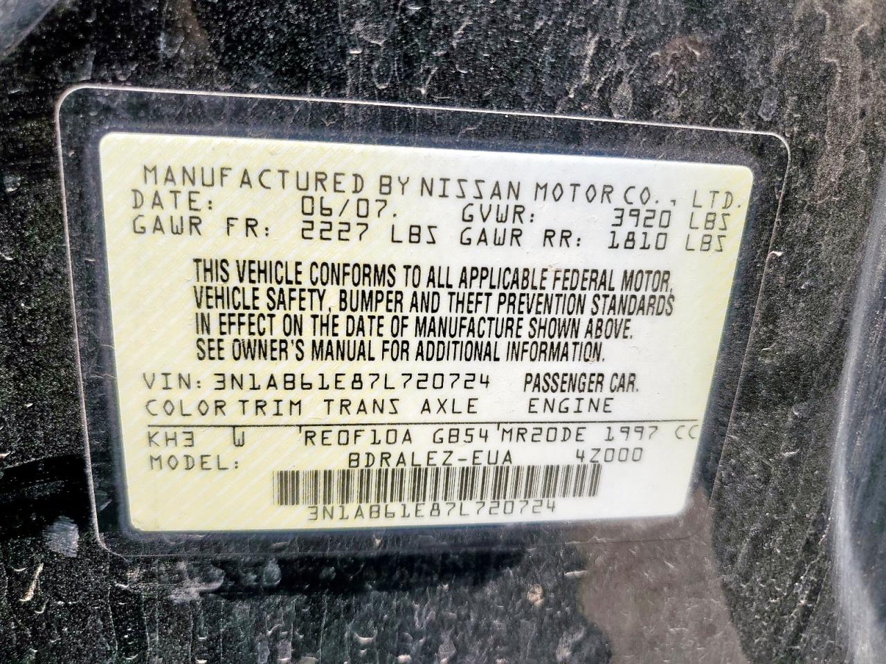 2007 Nissan Sentra 2.0 VIN: 3N1AB61E87L720724 Lot: 64988435