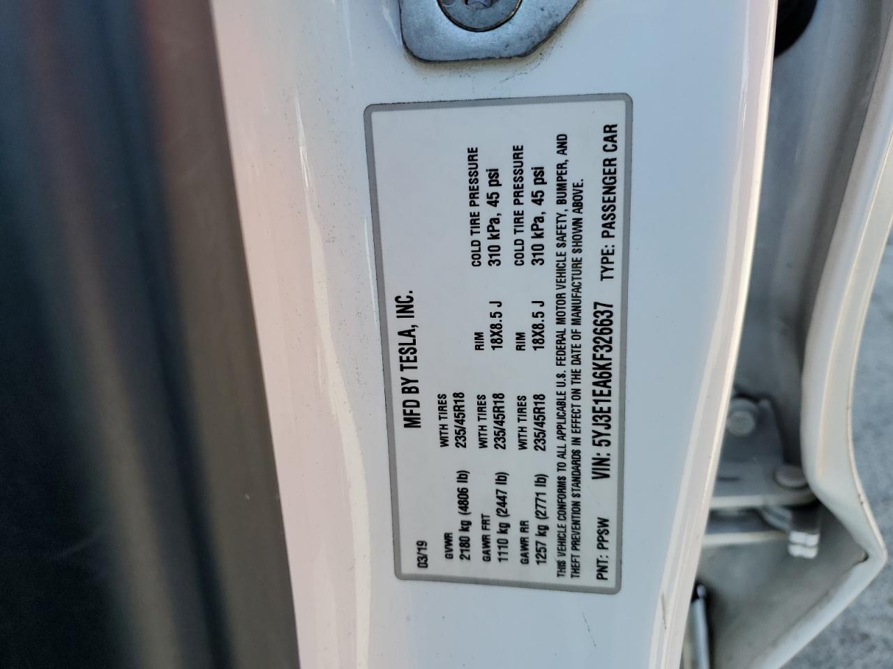 2019 Tesla Model 3 VIN: 5YJ3E1EA6KF326637 Lot: 65197825