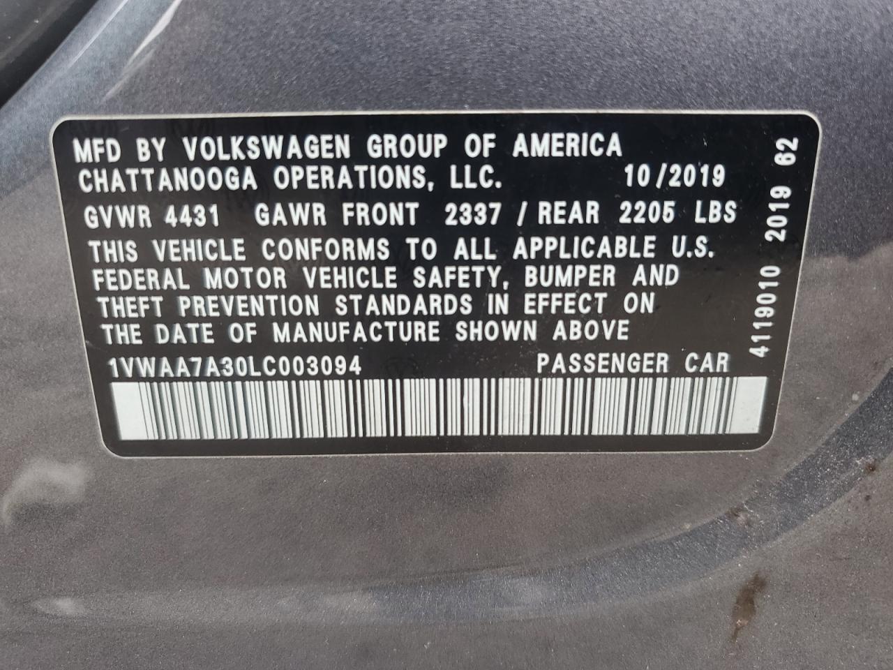 2020 Volkswagen Passat S VIN: 1VWAA7A30LC003094 Lot: 64538255