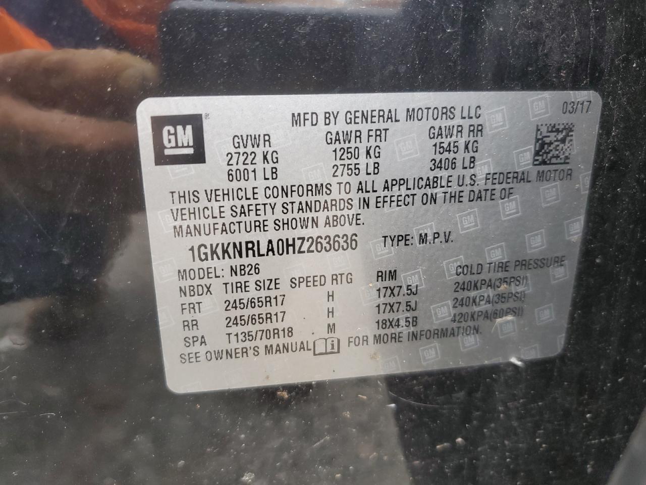2017 GMC Acadia Sle VIN: 1GKKNRLA0HZ263636 Lot: 63466625