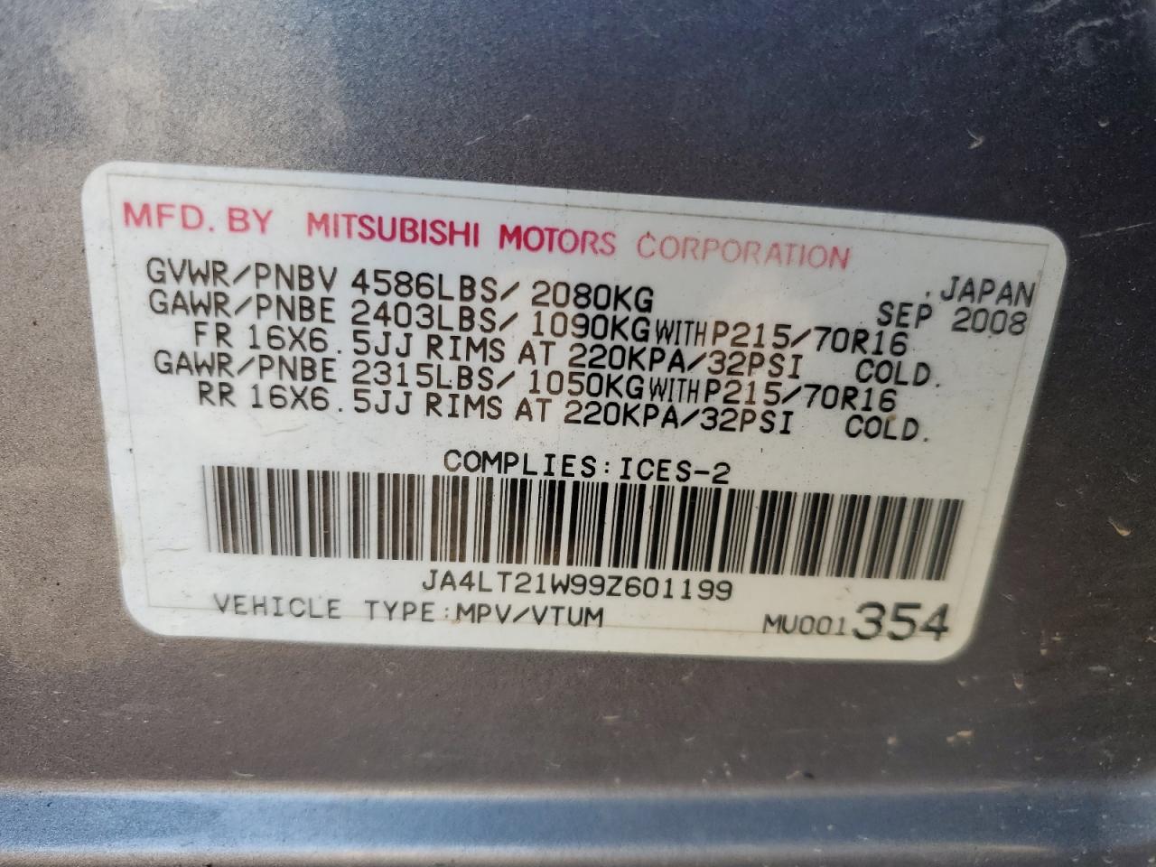 2009 Mitsubishi Outlander Es VIN: JA4LT21W99Z601199 Lot: 63299035