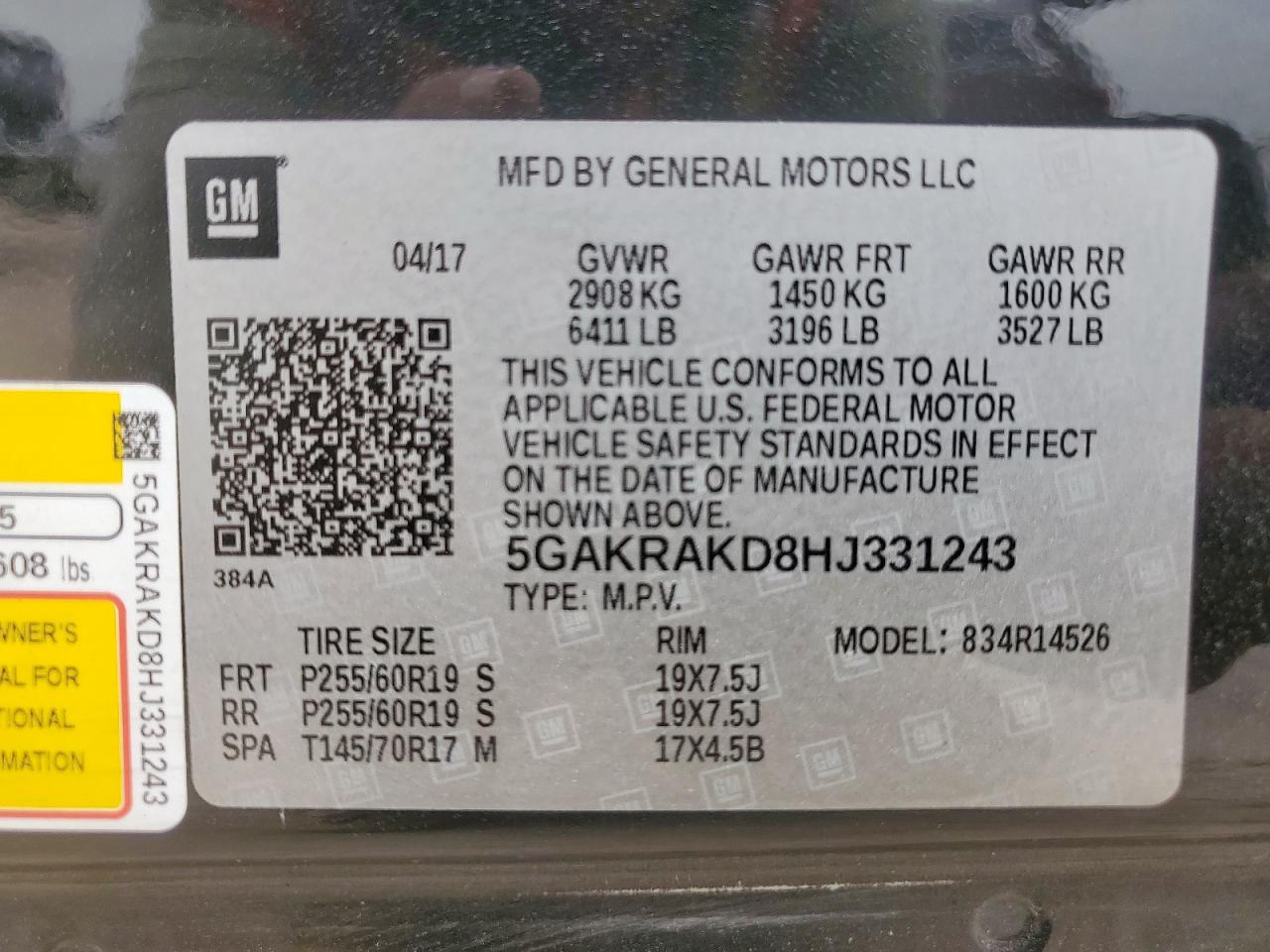2017 Buick Enclave VIN: 5GAKRAKD8HJ331243 Lot: 65383255