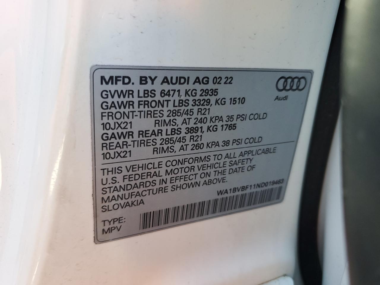 2022 Audi Q8 Premium Plus VIN: WA1BVBF11ND019463 Lot: 64094385