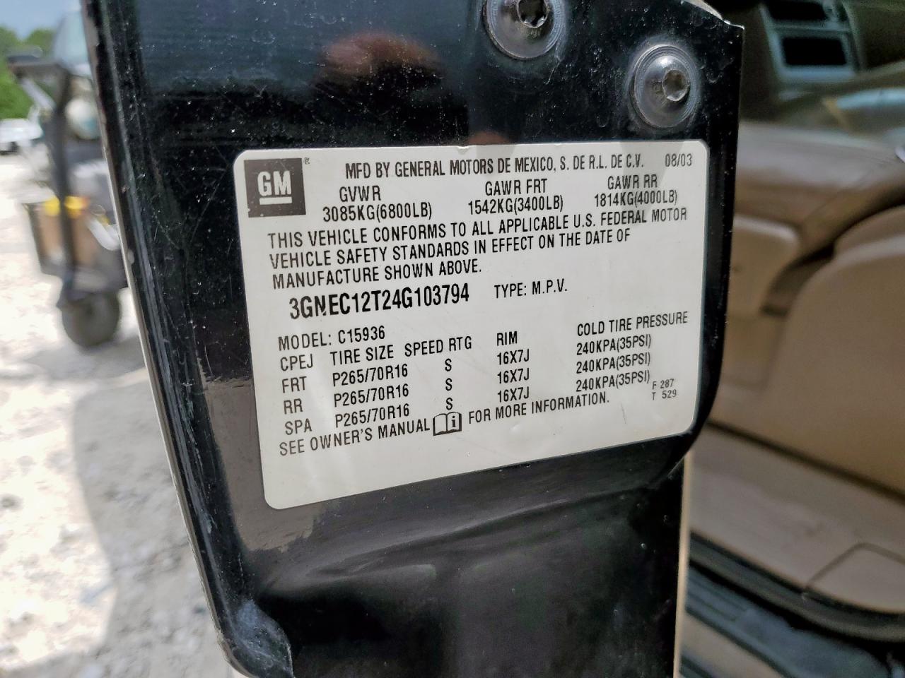 2004 Chevrolet Avalanche C1500 VIN: 3GNEC12T24G103794 Lot: 66498095