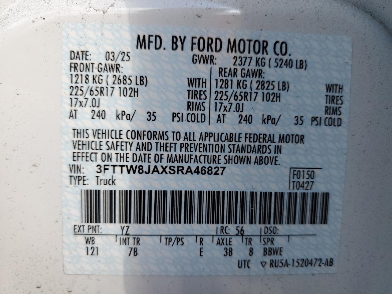 2025 Ford Maverick Xlt VIN: 3FTTW8JAXSRA46827 Lot: 63433395