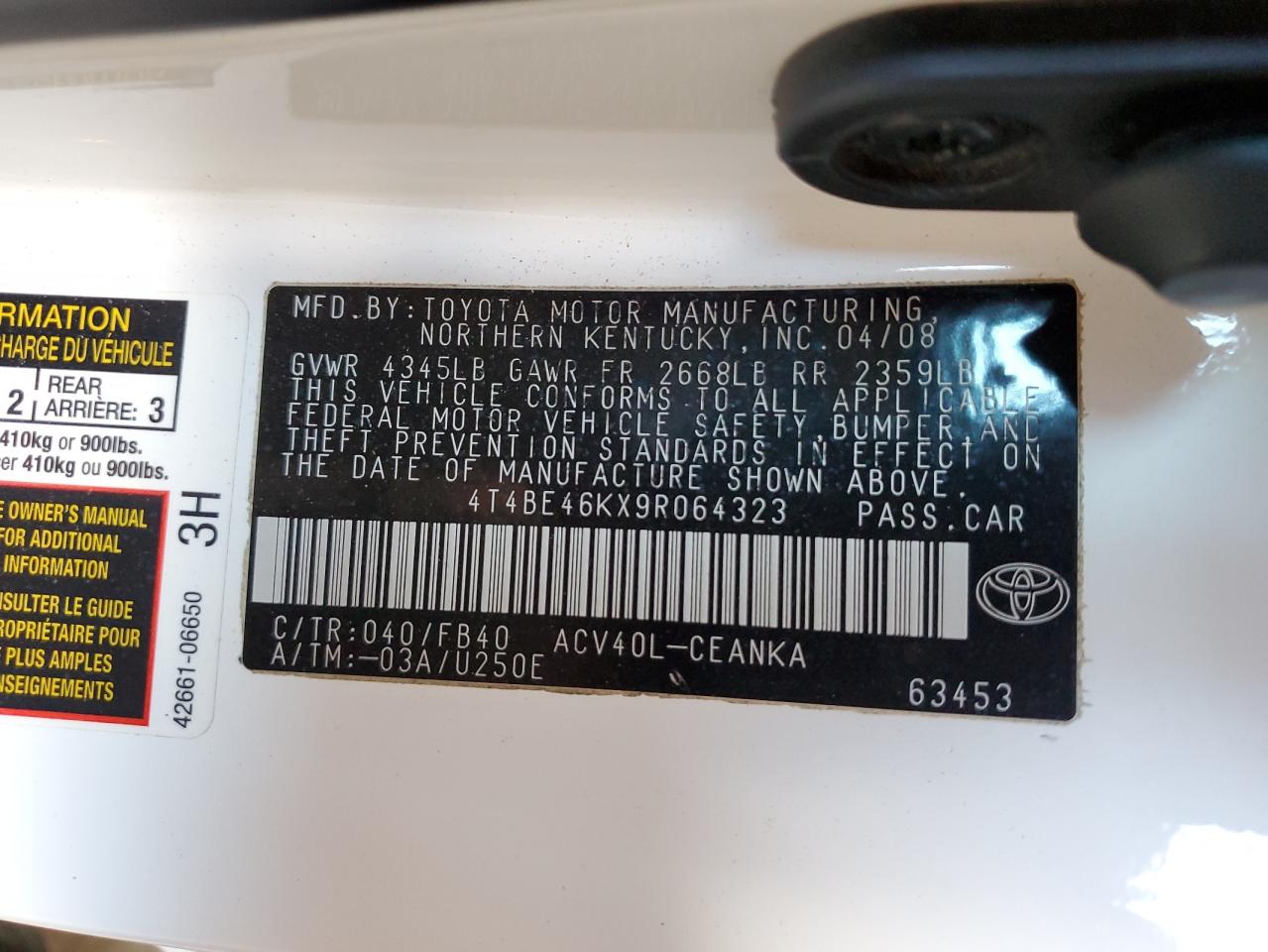 2009 Toyota Camry Base VIN: 4T4BE46KX9R064323 Lot: 65176005
