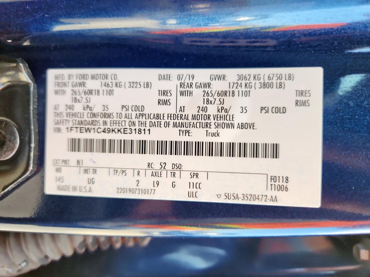 2019 Ford F150 Supercrew VIN: 1FTEW1C49KKE31811 Lot: 63517475