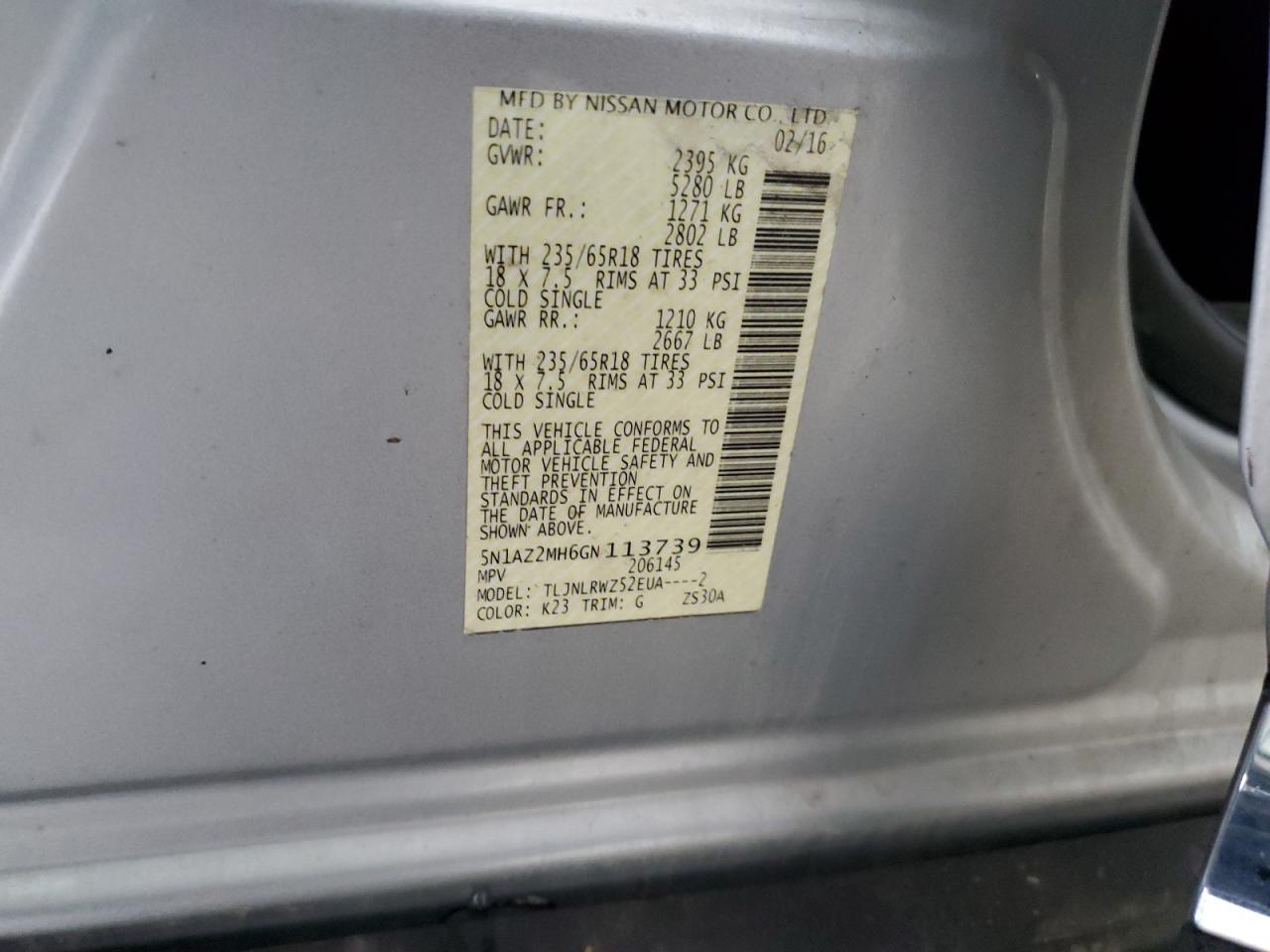 2016 Nissan Murano S VIN: 5N1AZ2MH6GN113739 Lot: 65304995