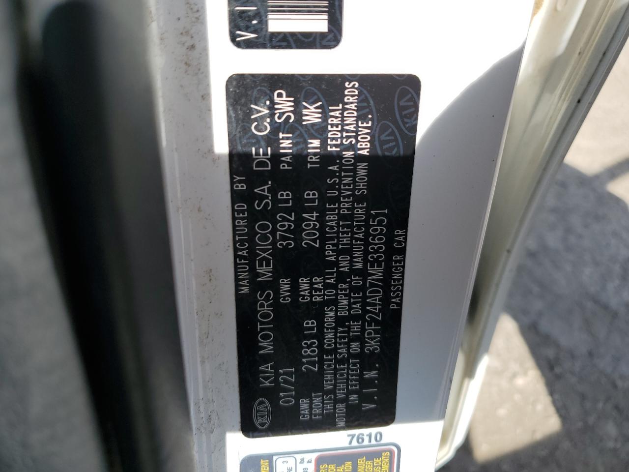 2021 Kia Forte Fe VIN: 3KPF24AD7ME336951 Lot: 64063535