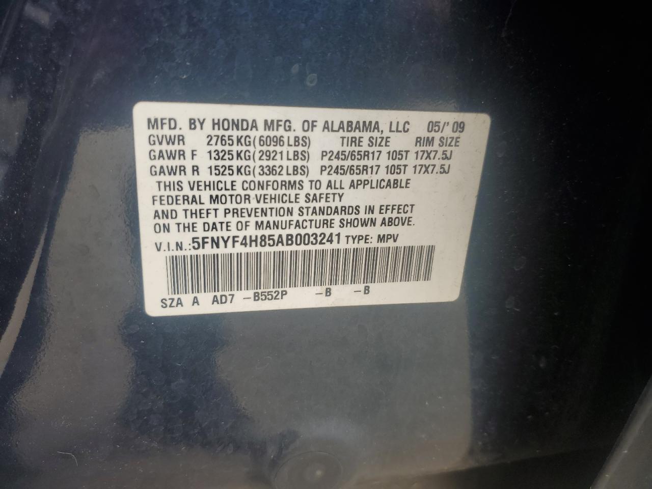 2010 Honda Pilot Touring VIN: 5FNYF4H85AB003241 Lot: 64334555