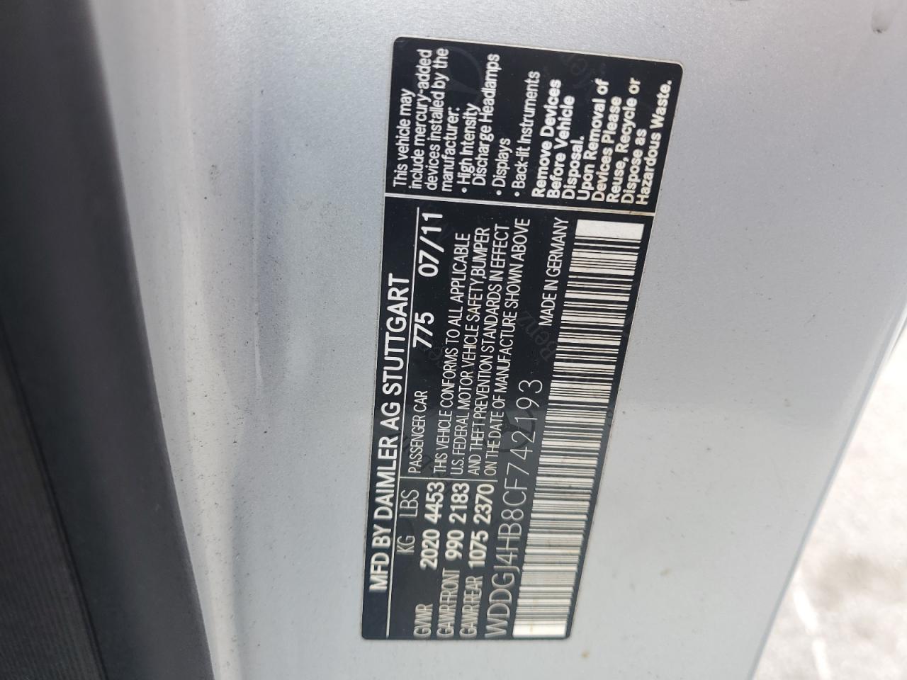 2012 Mercedes-Benz C 250 VIN: WDDGJ4HB8CF742193 Lot: 65213905