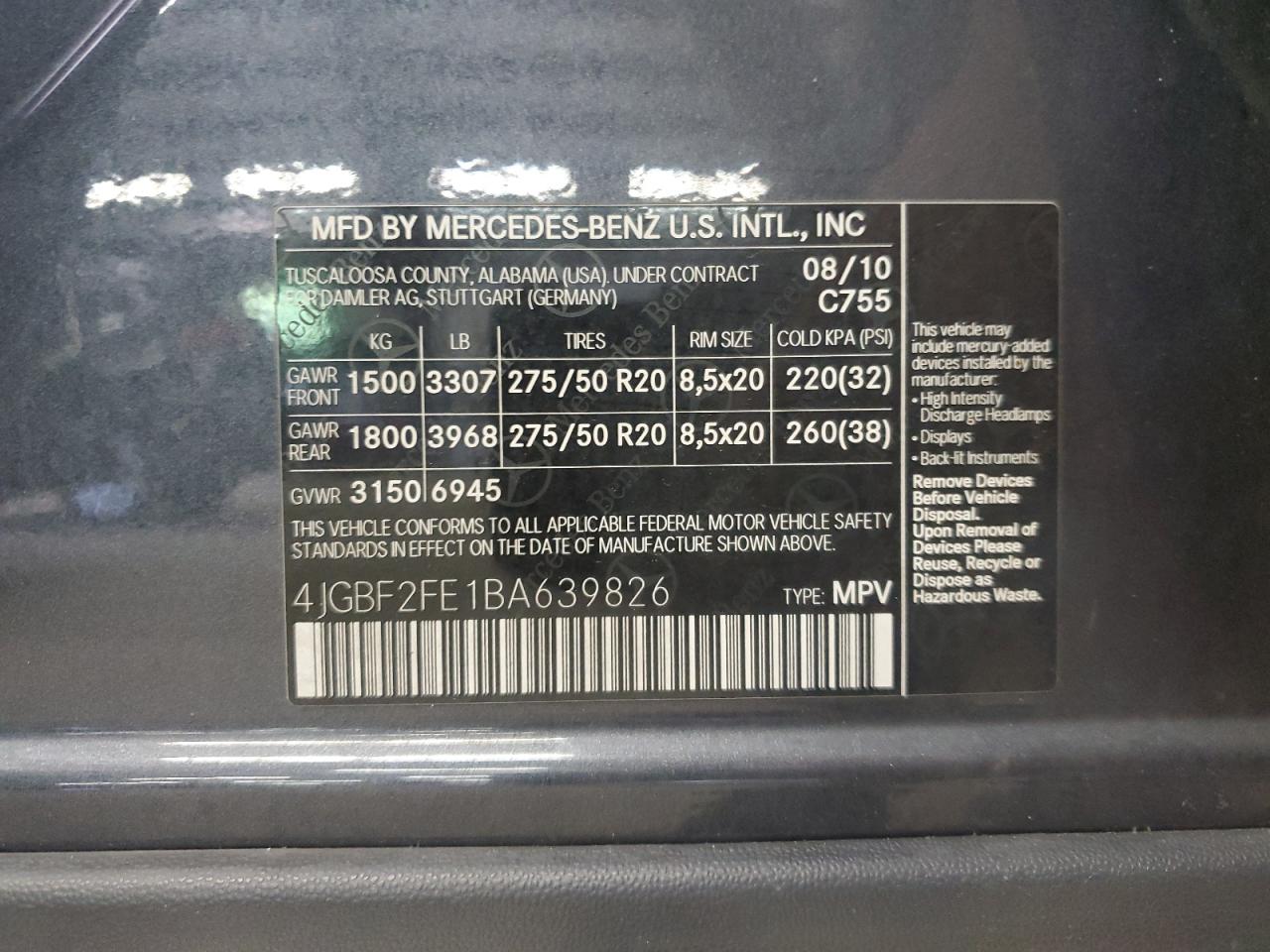2011 Mercedes-Benz Gl 350 Bluetec VIN: 4JGBF2FE1BA639826 Lot: 64905245