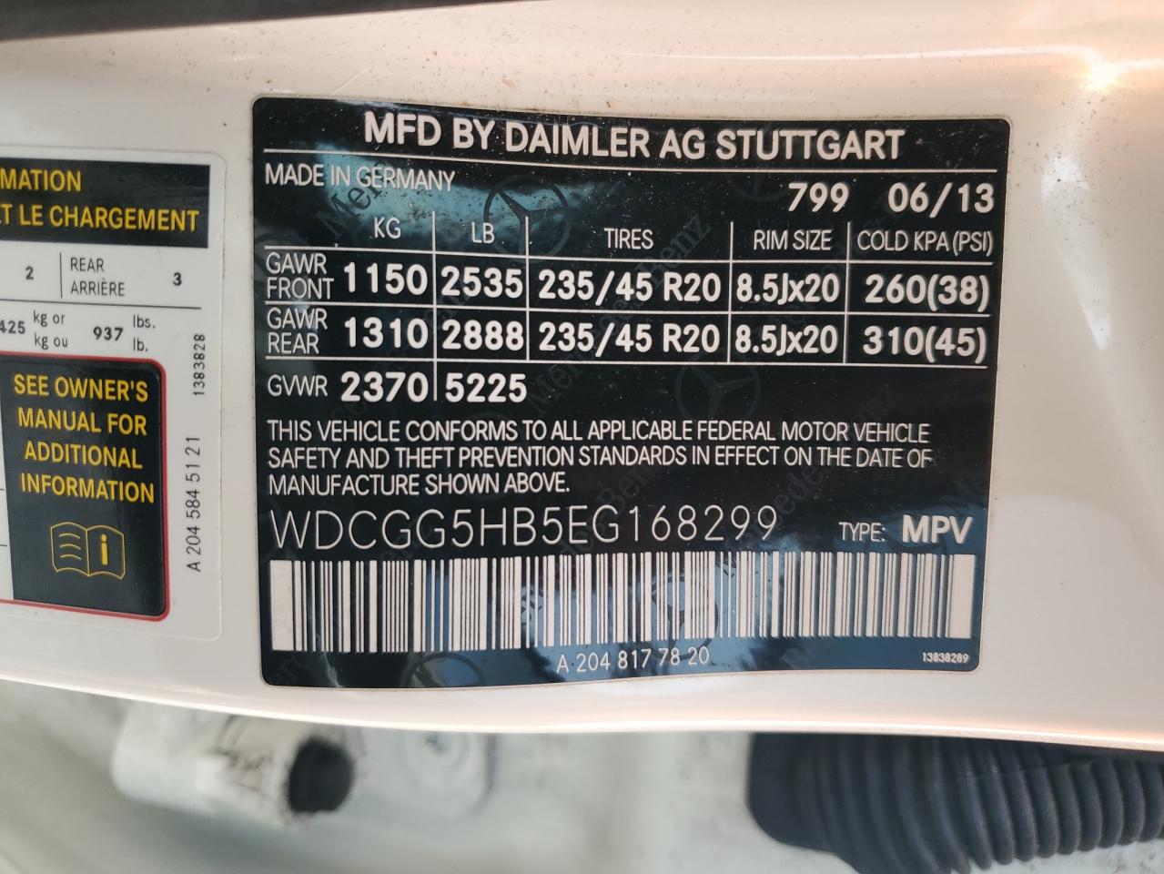 2014 Mercedes-Benz Glk 350 VIN: WDCGG5HB5EG168299 Lot: 64926195