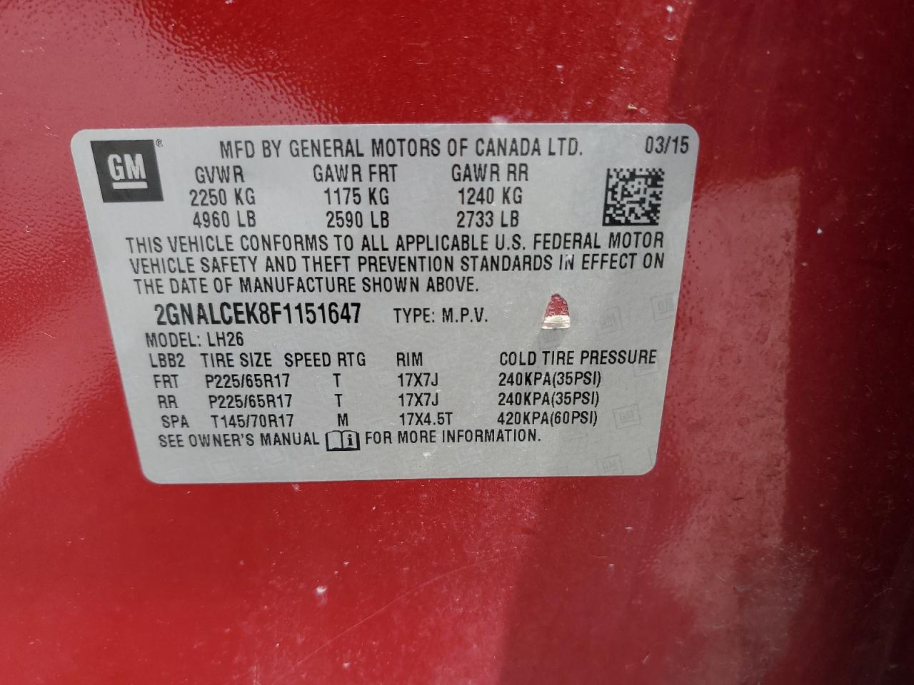 2015 Chevrolet Equinox Lt VIN: 2GNALCEK8F1151647 Lot: 65250645