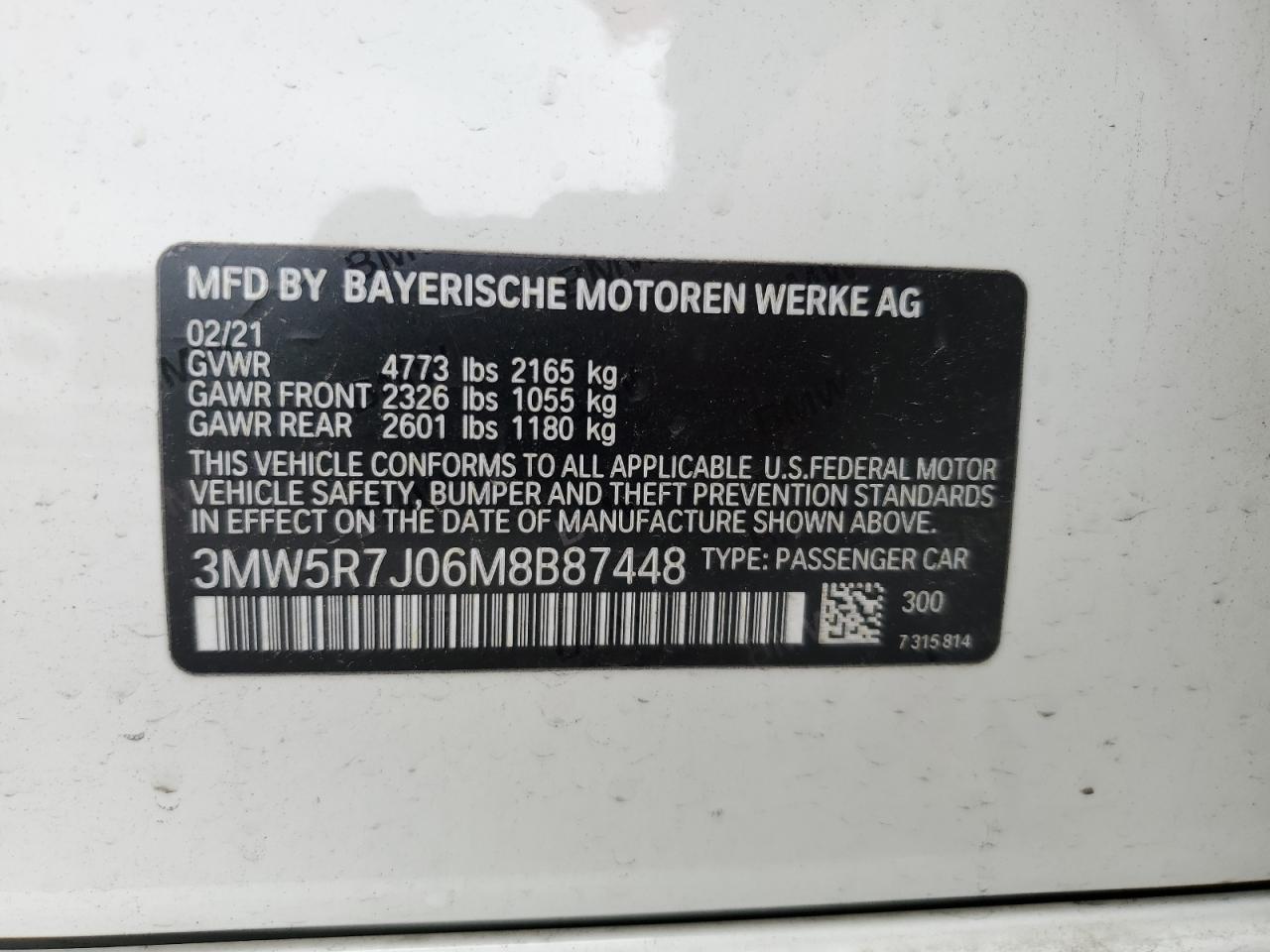 2021 BMW 330Xi VIN: 3MW5R7J06M8B87448 Lot: 63229915