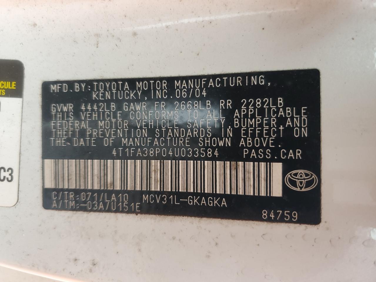 2004 Toyota Camry Solara Se VIN: 4T1FA38P04U033584 Lot: 63334115