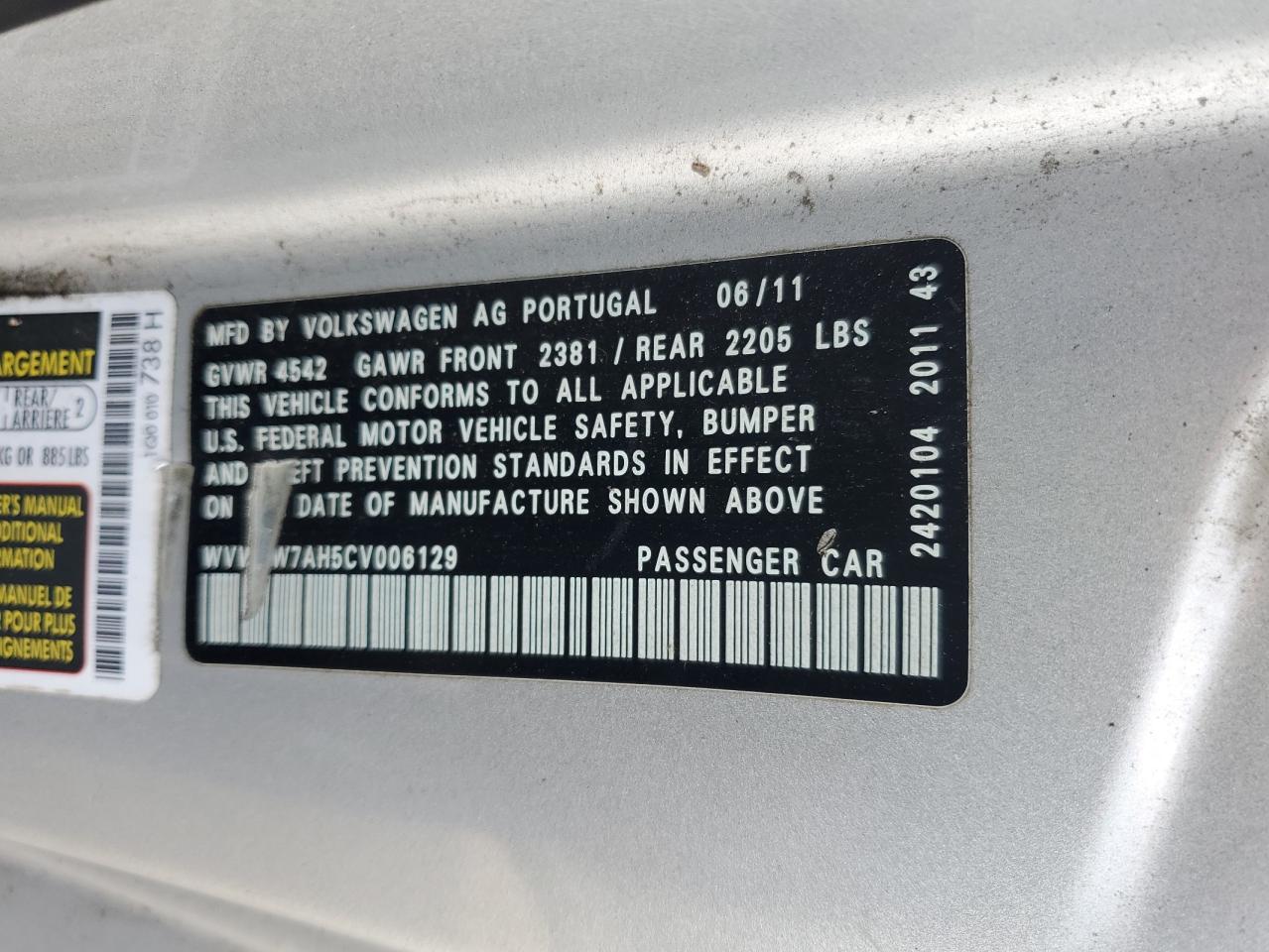 2012 Volkswagen Eos Lux VIN: WVWFW7AH5CV006129 Lot: 64885975