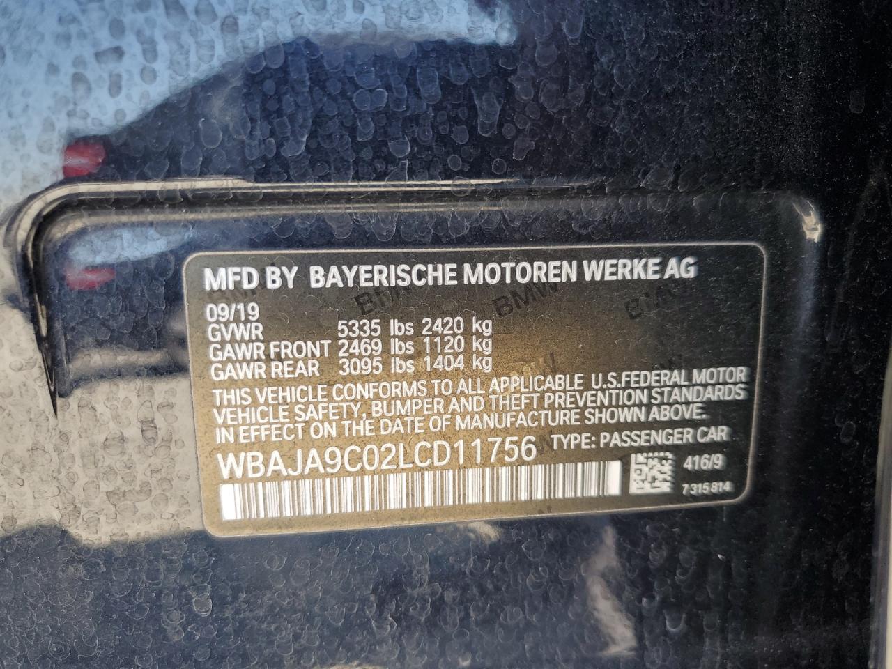 2020 BMW 530E VIN: WBAJA9C02LCD11756 Lot: 65387275