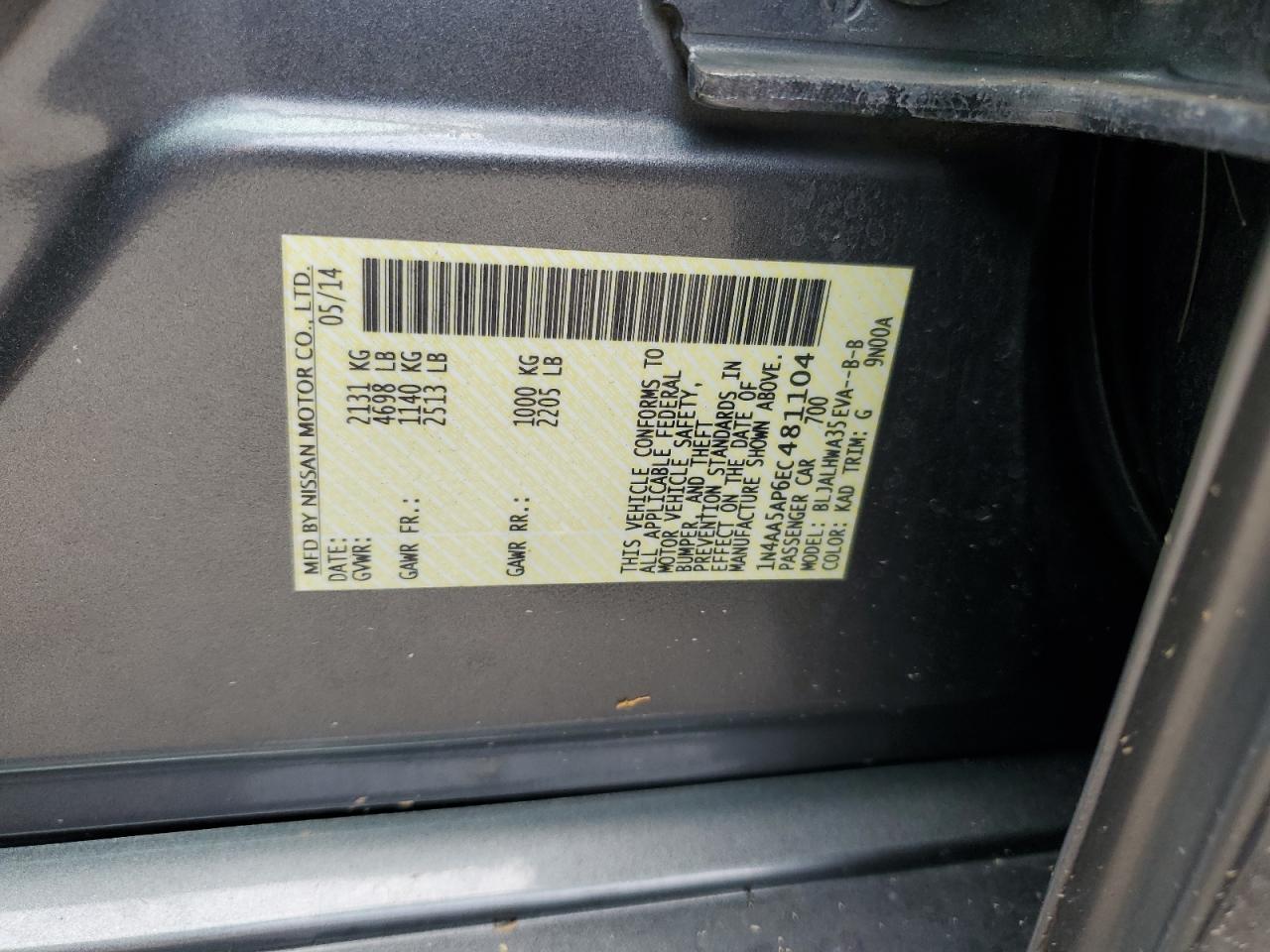 2014 Nissan Maxima S VIN: 1N4AA5AP6EC481104 Lot: 63188485