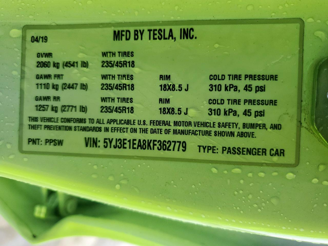 2019 Tesla Model 3 VIN: 5YJ3E1EA8KF362779 Lot: 64769455