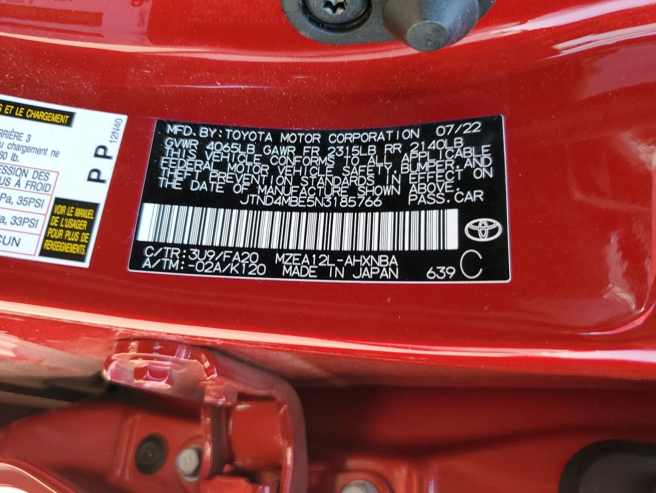 2022 Toyota Corolla Se VIN: JTND4MBE5N3185766 Lot: 65576405