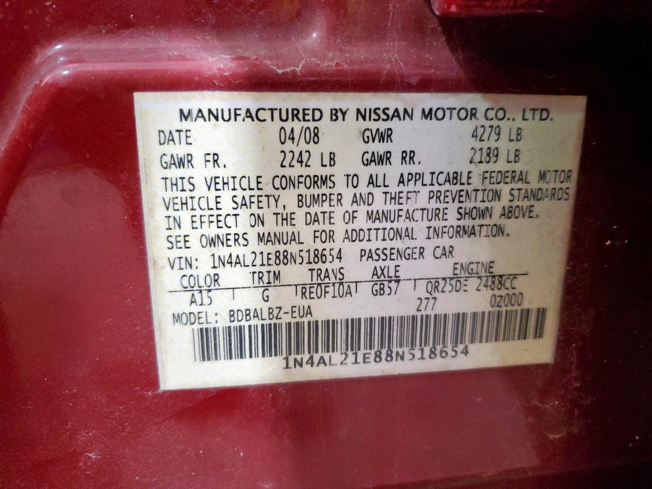 2008 Nissan Altima 2.5 VIN: 1N4AL21E88N518654 Lot: 64338945