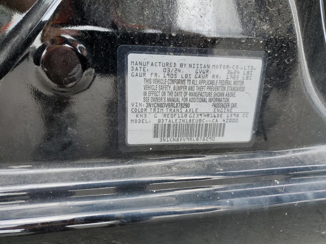2024 Nissan Versa S VIN: 3N1CN8DV9RL878290 Lot: 64265075