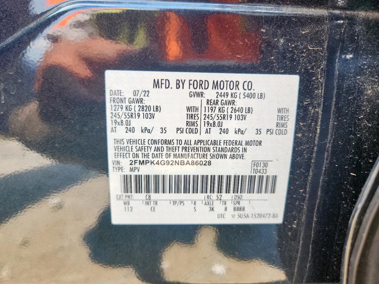 2022 Ford Edge Se VIN: 2FMPK4G92NBA86028 Lot: 64856485