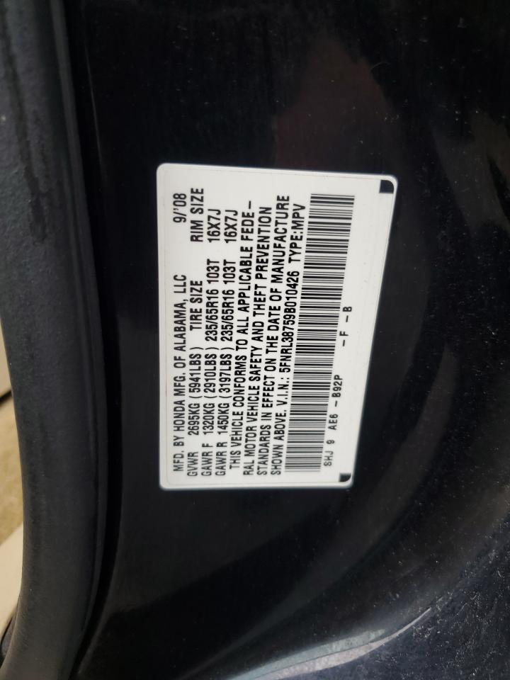 2009 Honda Odyssey Exl VIN: 5FNRL38759B010426 Lot: 63479275