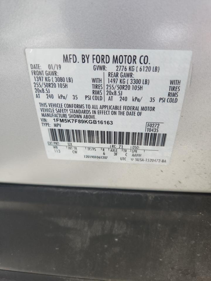 2019 Ford Explorer Limited VIN: 1FM5K7F89KGB16163 Lot: 62917205