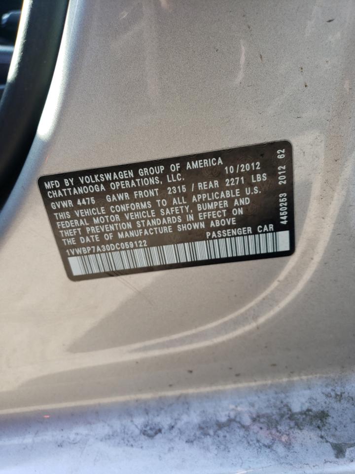 2013 Volkswagen Passat Se VIN: 1VWBP7A30DC059122 Lot: 63681345