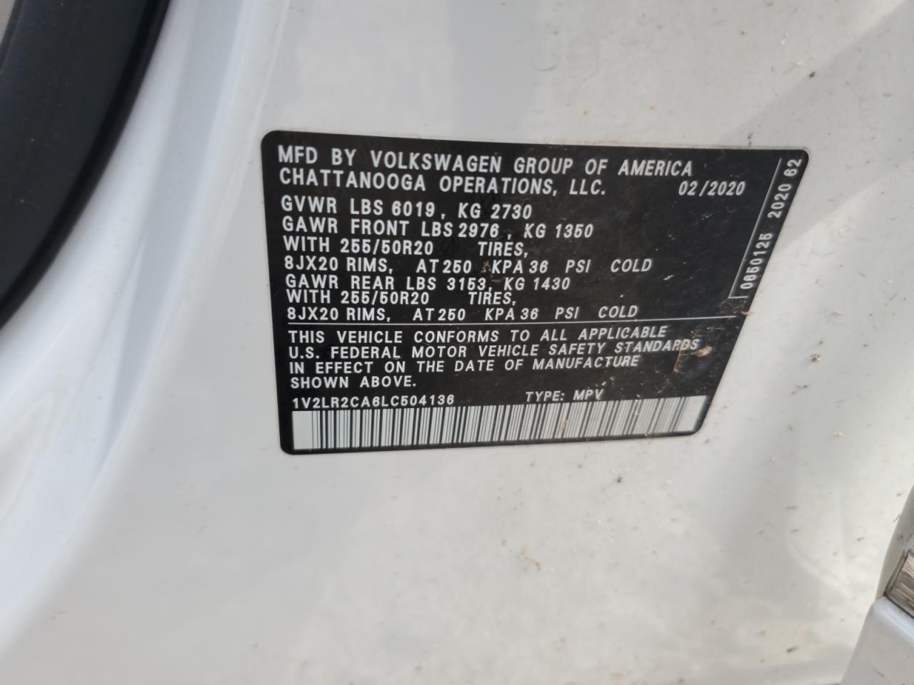 2020 Volkswagen Atlas Se VIN: 1V2LR2CA6LC504136 Lot: 65026995