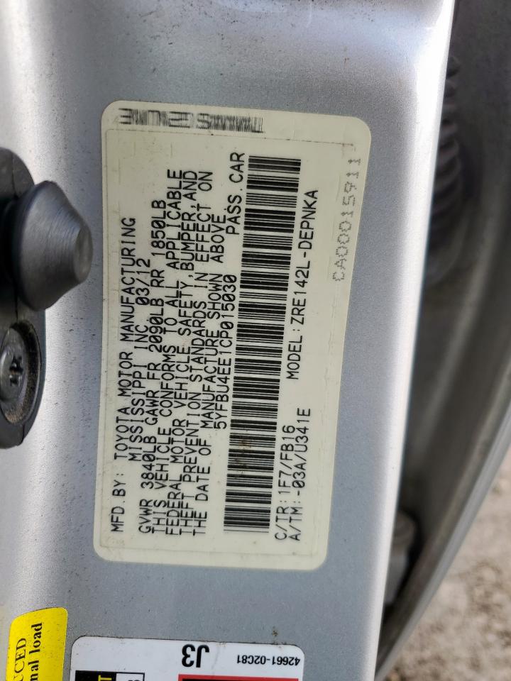 2012 Toyota Corolla Base VIN: 5YFBU4EE1CP015030 Lot: 64894615