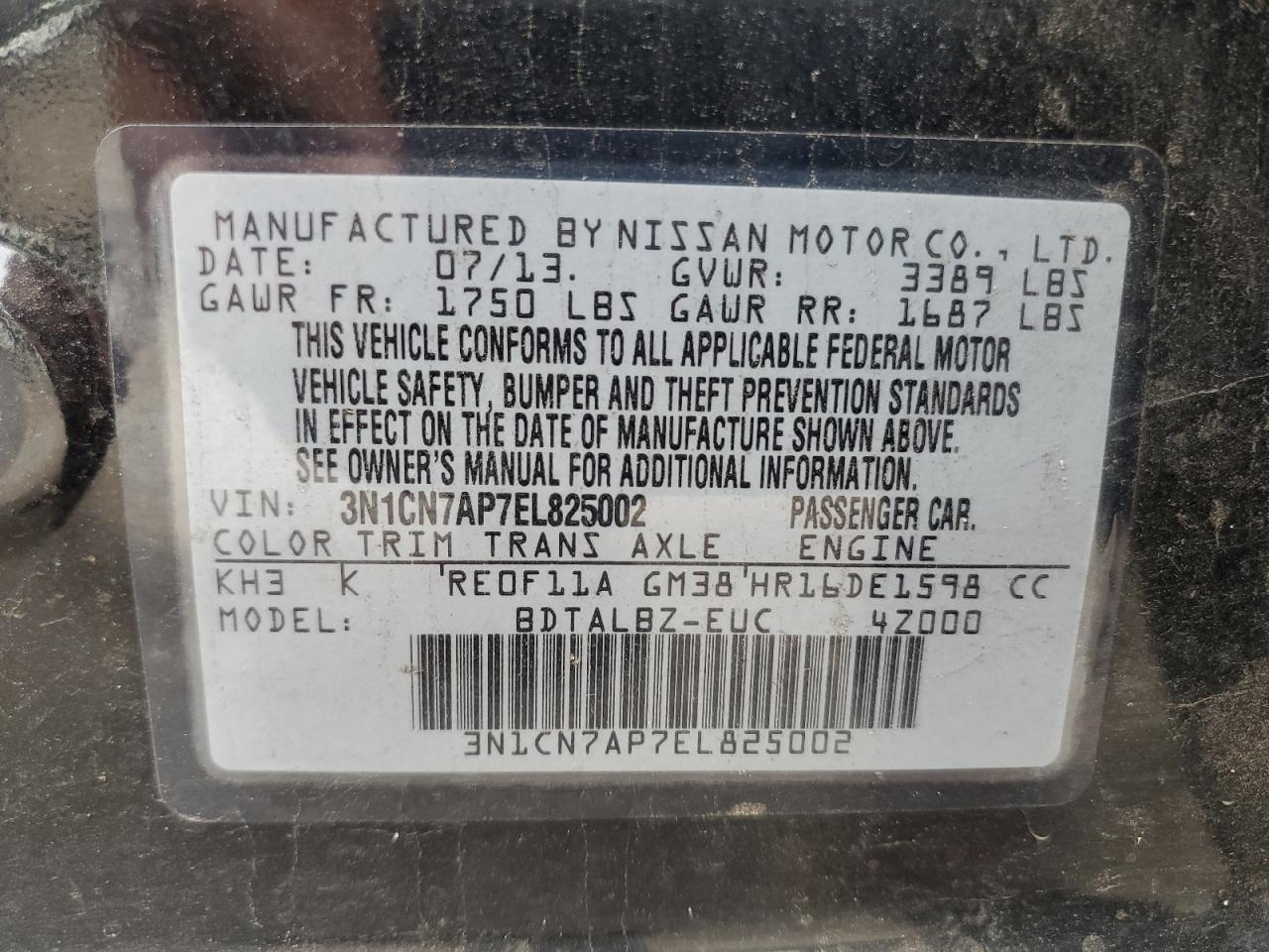 2014 Nissan Versa S VIN: 3N1CN7AP7EL825002 Lot: 64746645