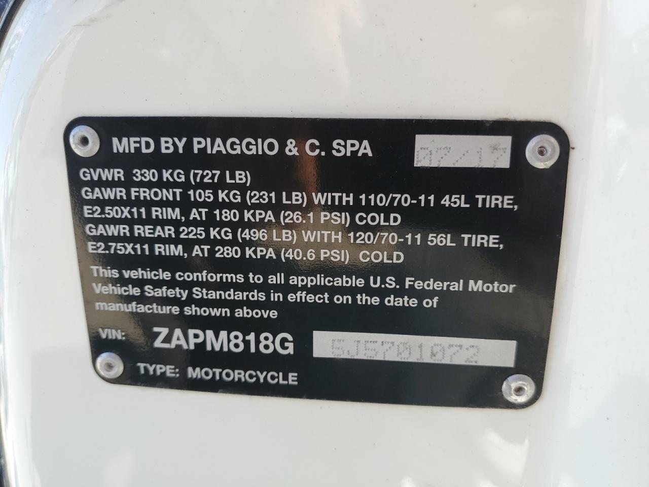 2018 Vespa Sprint 150 3V VIN: ZAPM818G5J5701072 Lot: 66542215