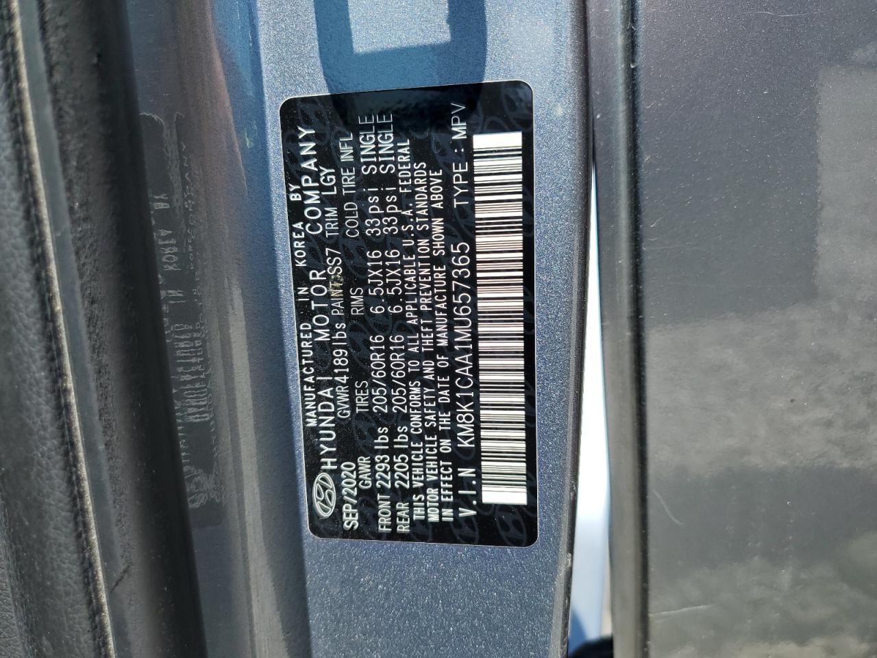 2021 Hyundai Kona Se VIN: KM8K1CAA1MU657365 Lot: 64315295